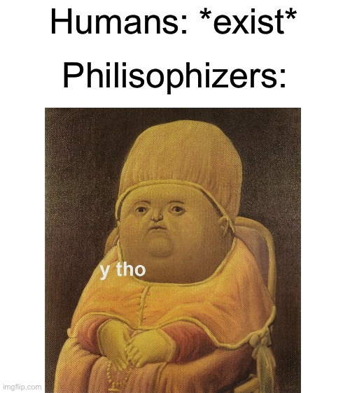 Humans: *exist*; Philisophizers: | image tagged in blank white template,y tho | made w/ Imgflip meme maker