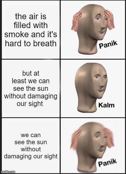 Panik Kalm Panik | the air is filled with smoke and it's hard to breath; but at least we can see the sun without damaging our sight; we can see the sun without damaging our sight | image tagged in memes,panik kalm panik | made w/ Imgflip meme maker