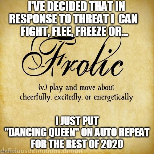 Frolic 2020 | I'VE DECIDED THAT IN RESPONSE TO THREAT I  CAN  
FIGHT, FLEE, FREEZE OR... I JUST PUT
 "DANCING QUEEN" ON AUTO REPEAT 
FOR THE REST OF 2020 | image tagged in 2020,funny memes,threat | made w/ Imgflip meme maker