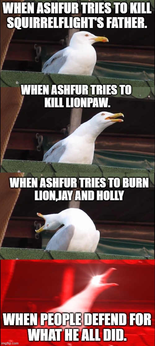 Inhaling Seagull | WHEN ASHFUR TRIES TO KILL
SQUIRRELFLIGHT'S FATHER. WHEN ASHFUR TRIES TO 
KILL LIONPAW. WHEN ASHFUR TRIES TO BURN
LION,JAY AND HOLLY; WHEN PEOPLE DEFEND FOR
WHAT HE ALL DID. | image tagged in memes,inhaling seagull,warriors,warriorcats,ashfur | made w/ Imgflip meme maker