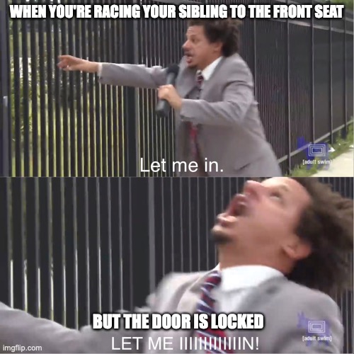 Racing your sibling to the front seat be like | WHEN YOU'RE RACING YOUR SIBLING TO THE FRONT SEAT; BUT THE DOOR IS LOCKED | image tagged in let me in,car,seat | made w/ Imgflip meme maker
