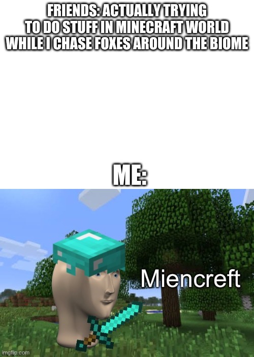FRIENDS: ACTUALLY TRYING TO DO STUFF IN MINECRAFT WORLD
WHILE I CHASE FOXES AROUND THE BIOME; ME: | image tagged in minecraft | made w/ Imgflip meme maker