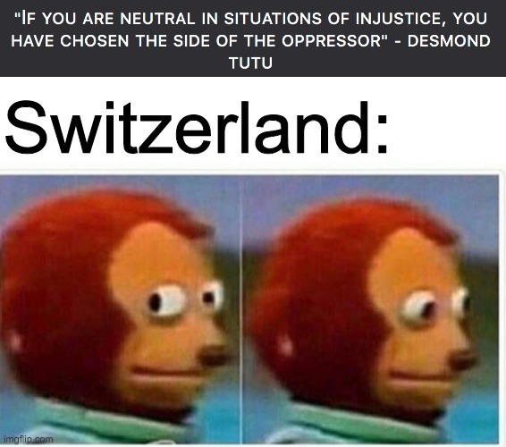 At least the flag is a big plus | Switzerland: | image tagged in puppet monkey looking away,not funny | made w/ Imgflip meme maker