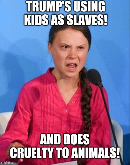 Greta Thunberg how dare you | TRUMP'S USING KIDS AS SLAVES! AND DOES CRUELTY TO ANIMALS! | image tagged in greta thunberg how dare you | made w/ Imgflip meme maker