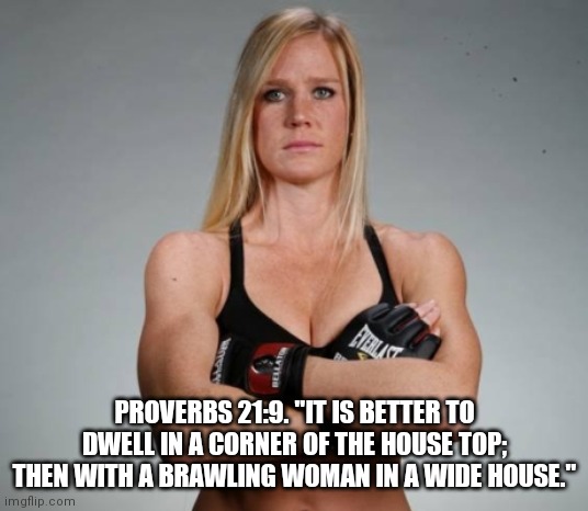 Pick your battles wisely! | PROVERBS 21:9. "IT IS BETTER TO DWELL IN A CORNER OF THE HOUSE TOP; THEN WITH A BRAWLING WOMAN IN A WIDE HOUSE." | image tagged in holly holm,angry preacher,daughter | made w/ Imgflip meme maker