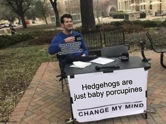 Change My Mind | There we go that's better, it should be here from now on; Hedgehogs are just baby porcupines | image tagged in memes,change my mind | made w/ Imgflip meme maker
