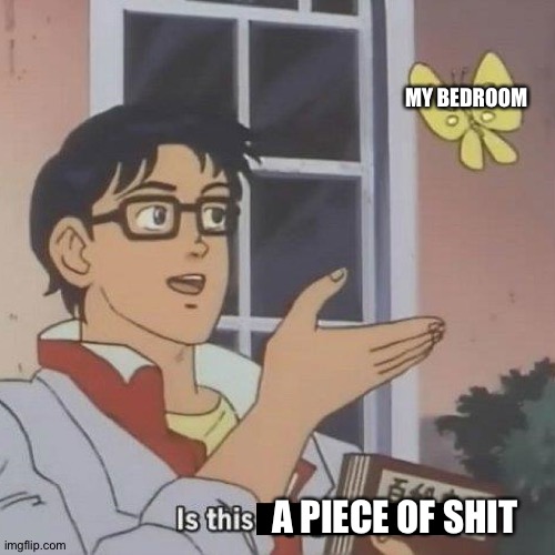 Is this meme dead | MY BEDROOM; A PIECE OF SHIT | image tagged in is this a blank | made w/ Imgflip meme maker
