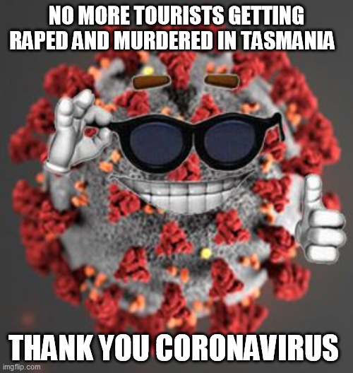 Coronavirus | NO MORE TOURISTS GETTING RAPED AND MURDERED IN TASMANIA; THANK YOU CORONAVIRUS | image tagged in coronavirus | made w/ Imgflip meme maker