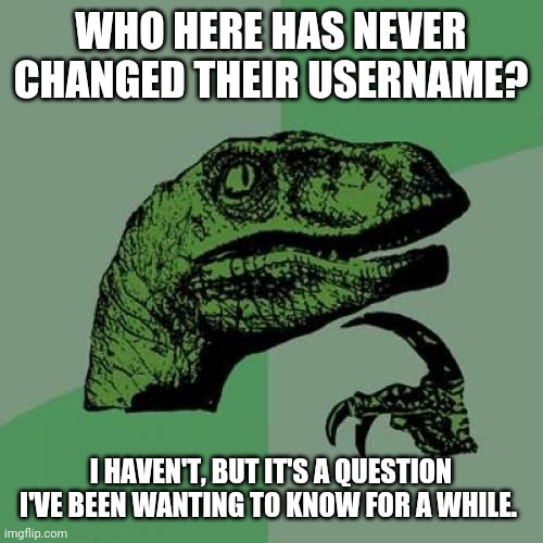 Philosoraptor Meme | WHO HERE HAS NEVER CHANGED THEIR USERNAME? I HAVEN'T, BUT IT'S A QUESTION I'VE BEEN WANTING TO KNOW FOR A WHILE. | image tagged in memes,philosoraptor | made w/ Imgflip meme maker
