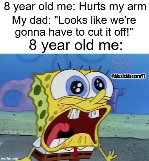 Childhood nostalgia |  8 year old me: Hurts my arm; My dad: "Looks like we're gonna have to cut it off!"; 8 year old me:; @MusicMaestroYT | image tagged in spongebob,childhood,nostalgia | made w/ Imgflip meme maker