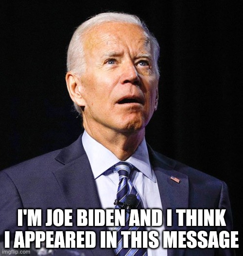 Joe Biden | I'M JOE BIDEN AND I THINK I APPEARED IN THIS MESSAGE | image tagged in joe biden | made w/ Imgflip meme maker