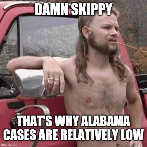 almost redneck | DAMN SKIPPY THAT'S WHY ALABAMA CASES ARE RELATIVELY LOW | image tagged in almost redneck | made w/ Imgflip meme maker
