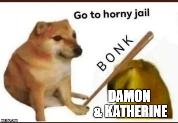 TVD - Damon and Katherine | DAMON 
& KATHERINE | image tagged in go to horny jail | made w/ Imgflip meme maker