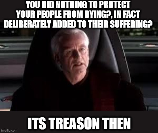 it's treason then | YOU DID NOTHING TO PROTECT YOUR PEOPLE FROM DYING?, IN FACT DELIBERATELY ADDED TO THEIR SUFFERING? ITS TREASON THEN | image tagged in it's treason then,memes,politics,war criminal,weapon of mass destruction,impeach trump | made w/ Imgflip meme maker