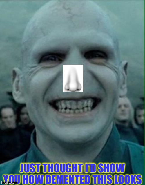 Nose | JUST THOUGHT I’D SHOW YOU HOW DEMENTED THIS LOOKS | image tagged in voldemort grin | made w/ Imgflip meme maker