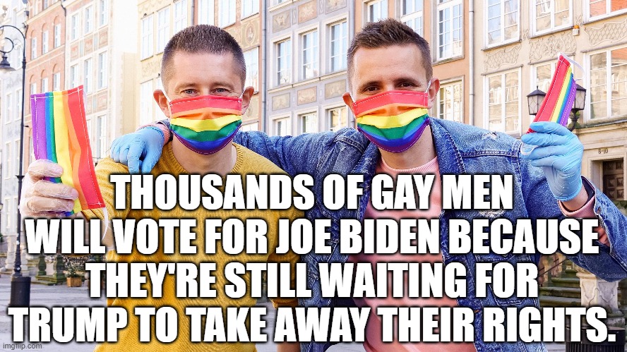 Gays live on their own plantation. | THOUSANDS OF GAY MEN WILL VOTE FOR JOE BIDEN BECAUSE THEY'RE STILL WAITING FOR TRUMP TO TAKE AWAY THEIR RIGHTS. | image tagged in memes,gay rights | made w/ Imgflip meme maker