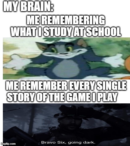 TRUTH | MY BRAIN:; ME REMEMBERING WHAT I STUDY AT SCHOOL; ME REMEMBER EVERY SINGLE STORY OF THE GAME I PLAY | image tagged in blank white template | made w/ Imgflip meme maker