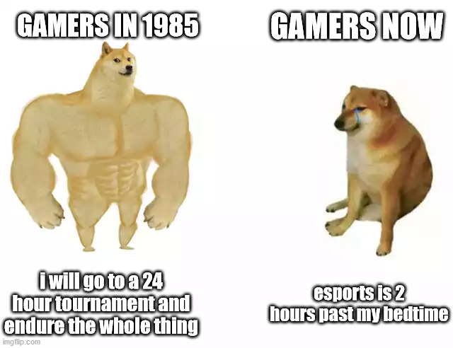 Buff Doge vs. Cheems | GAMERS NOW; GAMERS IN 1985; i will go to a 24 hour tournament and endure the whole thing; esports is 2 hours past my bedtime | image tagged in buff doge vs cheems | made w/ Imgflip meme maker