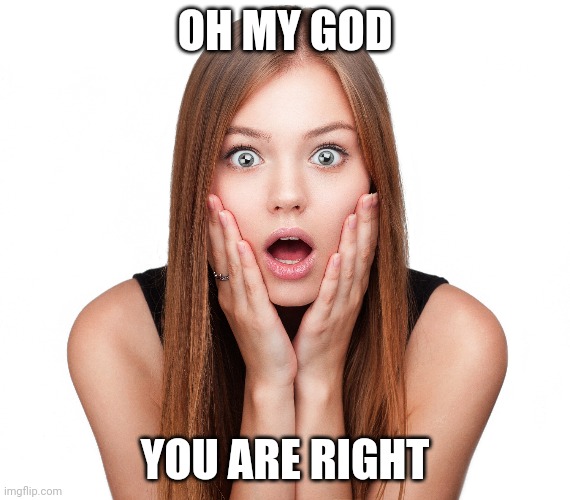 Craziness Shocked Female | OH MY GOD YOU ARE RIGHT | image tagged in craziness shocked female | made w/ Imgflip meme maker