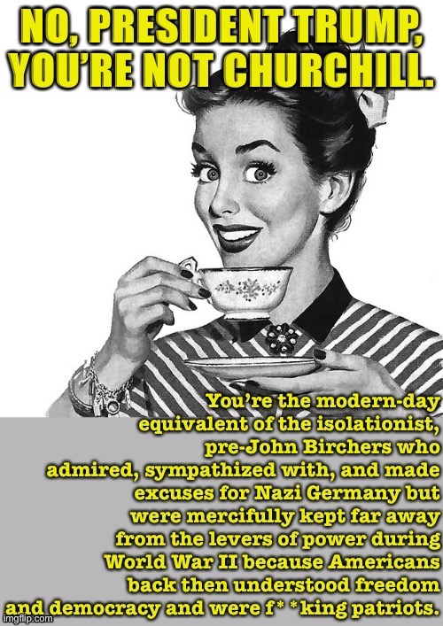 Retro woman teacup — who lived through WWII! — has choice words about this comparison | image tagged in winston churchill,retro woman teacup,memes,donald trump is an idiot,trump is a moron,trump is an asshole | made w/ Imgflip meme maker