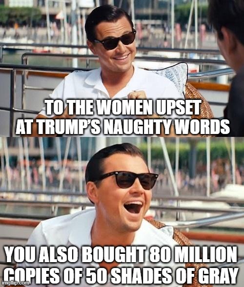 Oh, the hypocrisy! | TO THE WOMEN UPSET AT TRUMP’S NAUGHTY WORDS; YOU ALSO BOUGHT 80 MILLION COPIES OF 50 SHADES OF GRAY | image tagged in leonardo dicaprio wolf of wall street,trump 2020,election 2020,trump,joe biden,liberals | made w/ Imgflip meme maker