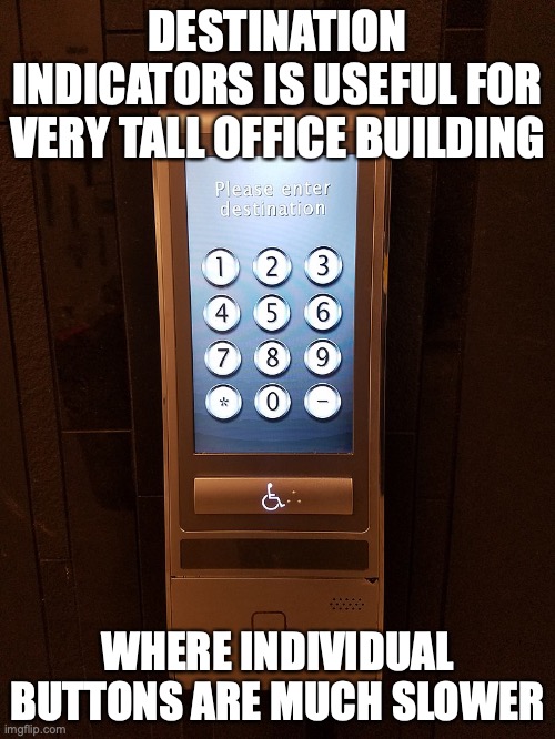 Destination Indicator | DESTINATION INDICATORS IS USEFUL FOR VERY TALL OFFICE BUILDING; WHERE INDIVIDUAL BUTTONS ARE MUCH SLOWER | image tagged in elevator,memes | made w/ Imgflip meme maker