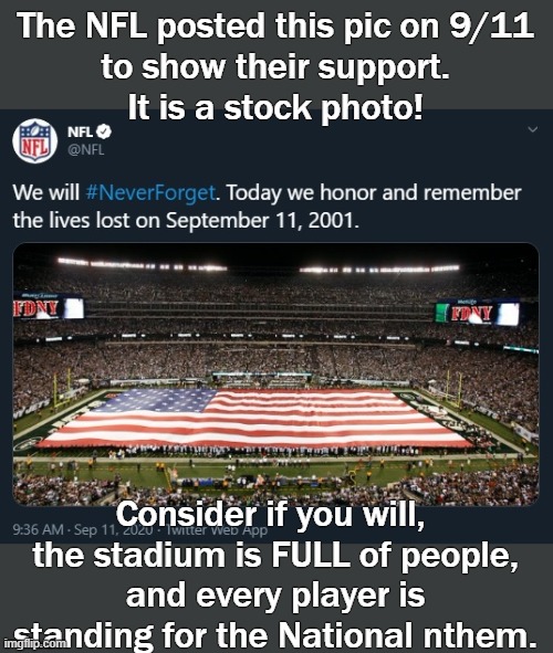 Disingenuous any? | The NFL posted this pic on 9/11
to show their support.
It is a stock photo! Consider if you will, 
the stadium is FULL of people,
and every player is
standing for the National nthem. | image tagged in nfl | made w/ Imgflip meme maker