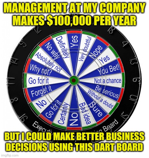 Bad management | MANAGEMENT AT MY COMPANY MAKES $100,000 PER YEAR; BUT I COULD MAKE BETTER BUSINESS DECISIONS USING THIS DART BOARD | image tagged in dart board decision maker,bad management,management,boss,work,bad boss | made w/ Imgflip meme maker