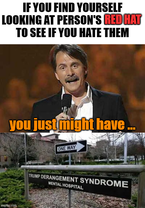 You just might be mentally ill to let one person make you hate all other people who support them. | IF YOU FIND YOURSELF LOOKING AT PERSON'S RED HAT 
TO SEE IF YOU HATE THEM; RED HAT; you just might have ... | image tagged in jeff foxworthy you might be a redneck,trump derangement syndrome,mental illness | made w/ Imgflip meme maker