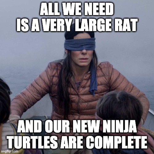 new ninja turtles |  ALL WE NEED IS A VERY LARGE RAT; AND OUR NEW NINJA TURTLES ARE COMPLETE | image tagged in memes,bird box,teenage mutant ninja turtles | made w/ Imgflip meme maker