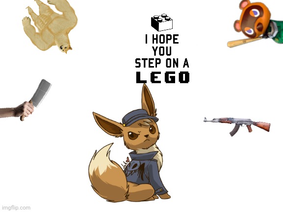stop this little unholy demon | image tagged in eevee,lego,tom nook,buff doge | made w/ Imgflip meme maker