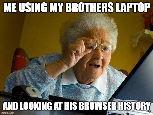 Grandma Finds The Internet Meme | ME USING MY BROTHERS LAPTOP; AND LOOKING AT HIS BROWSER HISTORY | image tagged in memes,grandma finds the internet | made w/ Imgflip meme maker