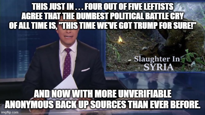 News that really is news: | THIS JUST IN . . . FOUR OUT OF FIVE LEFTISTS AGREE THAT THE DUMBEST POLITICAL BATTLE CRY OF ALL TIME IS, "THIS TIME WE'VE GOT TRUMP FOR SURE!"; AND NOW WITH MORE UNVERIFIABLE ANONYMOUS BACK UP SOURCES THAN EVER BEFORE. | image tagged in abc fake news reports | made w/ Imgflip meme maker
