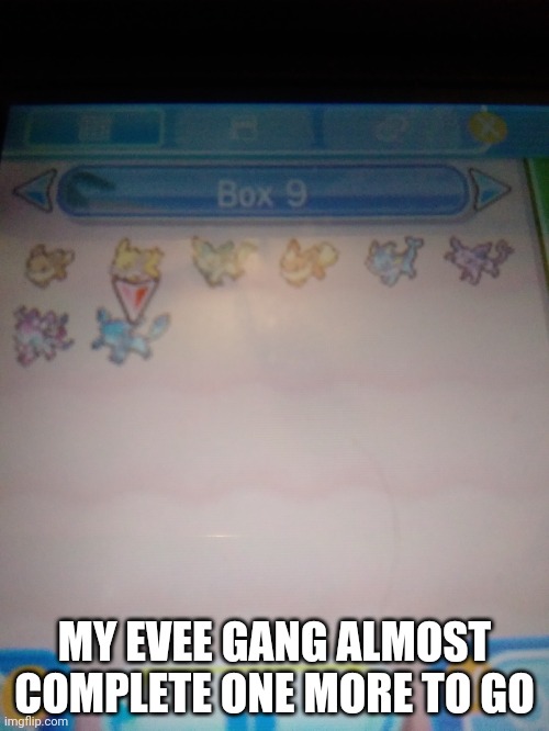 Not the stream just my game | MY EVEE GANG ALMOST COMPLETE ONE MORE TO GO | made w/ Imgflip meme maker