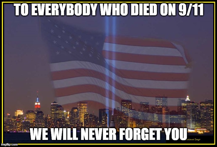 9/11 Memorial  | TO EVERYBODY WHO DIED ON 9/11; WE WILL NEVER FORGET YOU | image tagged in 9/11 memorial | made w/ Imgflip meme maker