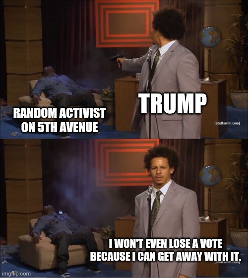 Who Killed Hannibal | TRUMP; RANDOM ACTIVIST ON 5TH AVENUE; I WON'T EVEN LOSE A VOTE BECAUSE I CAN GET AWAY WITH IT. | image tagged in memes,who killed hannibal,donald trump | made w/ Imgflip meme maker