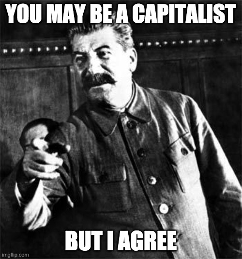 Stalin | YOU MAY BE A CAPITALIST BUT I AGREE | image tagged in stalin | made w/ Imgflip meme maker