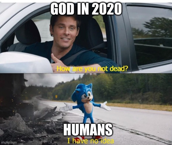 Sonic how are you not dead | GOD IN 2020; HUMANS | image tagged in sonic how are you not dead | made w/ Imgflip meme maker