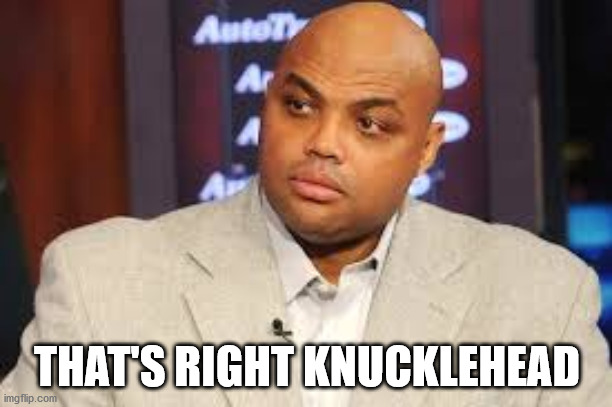 Charles Barkley | THAT'S RIGHT KNUCKLEHEAD | image tagged in charles barkley | made w/ Imgflip meme maker