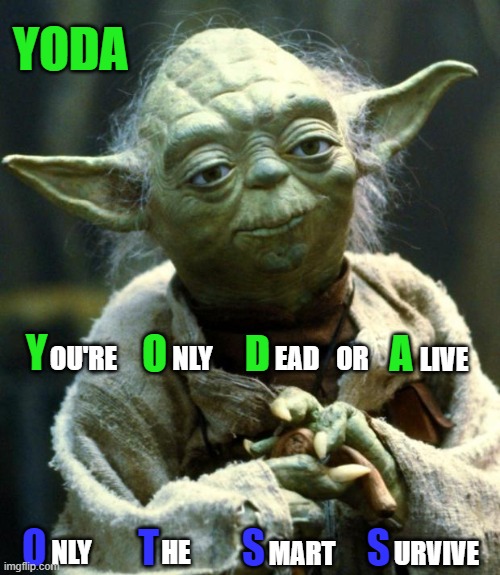 yoda | YODA; OU'RE; Y; A; O; D; NLY; OR; EAD; LIVE; NLY; HE; MART; URVIVE; O; T; S; S | image tagged in memes,star wars yoda | made w/ Imgflip meme maker