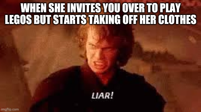 Anakin Liar | WHEN SHE INVITES YOU OVER TO PLAY LEGOS BUT STARTS TAKING OFF HER CLOTHES | image tagged in anakin liar,lego | made w/ Imgflip meme maker