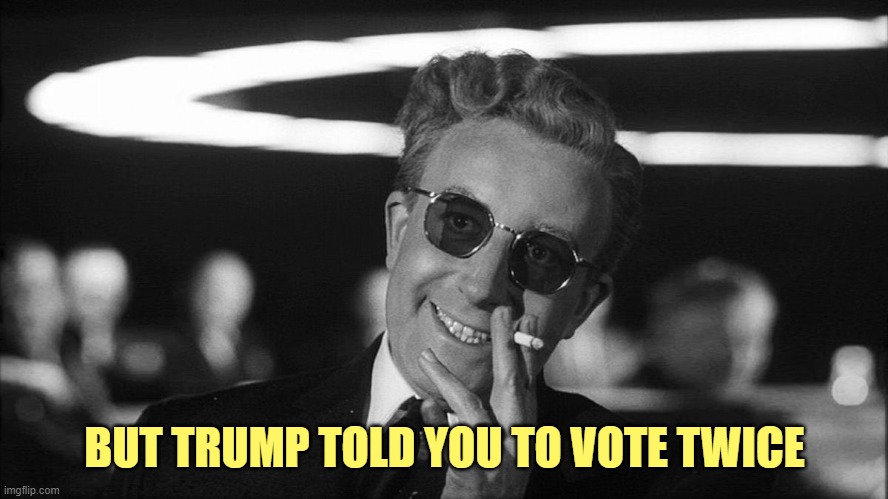 Doctor Strangelove says... | BUT TRUMP TOLD YOU TO VOTE TWICE | image tagged in doctor strangelove says | made w/ Imgflip meme maker