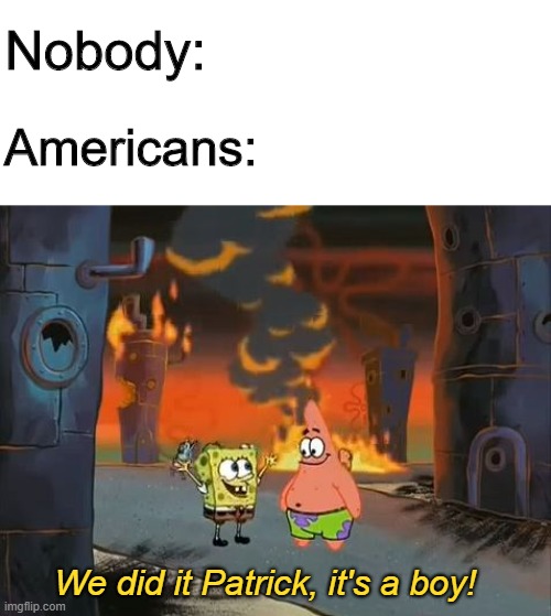 It's a boy! | Nobody:; Americans:; We did it Patrick, it's a boy! | image tagged in we did it patrick we saved the city,memes,funny,america,spongebob | made w/ Imgflip meme maker
