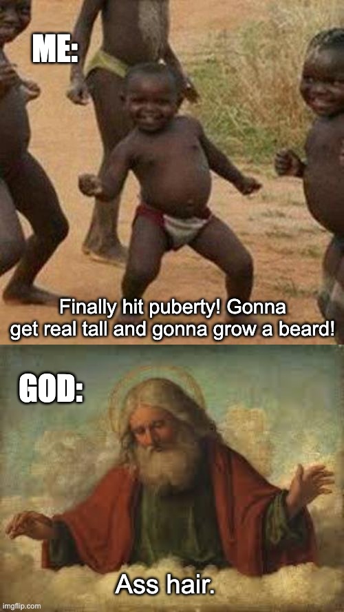 Puberty be like | ME:; Finally hit puberty! Gonna get real tall and gonna grow a beard! GOD:; Ass hair. | image tagged in memes,third world success kid,god,funny,meme,puberty | made w/ Imgflip meme maker