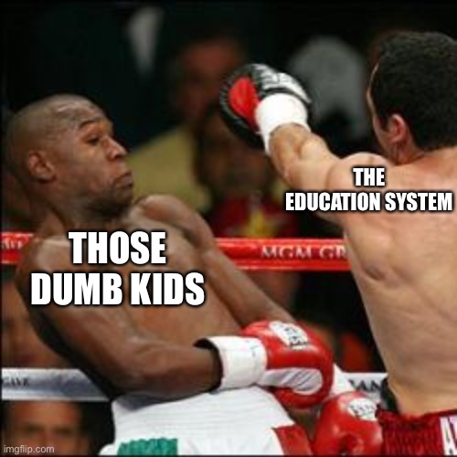 Every school ever | THE EDUCATION SYSTEM; THOSE DUMB KIDS | image tagged in can't touch this | made w/ Imgflip meme maker