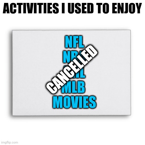 ACTIVITIES I USED TO ENJOY NFL
NBA
NHL
MLB 
MOVIES CANCELLED | image tagged in blank envelope | made w/ Imgflip meme maker