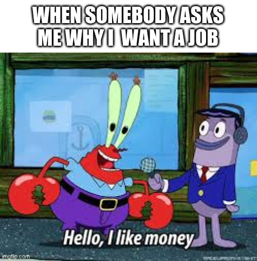 Mr Krabs I like money | WHEN SOMEBODY ASKS ME WHY I  WANT A JOB | image tagged in mr krabs i like money,memes,funny | made w/ Imgflip meme maker