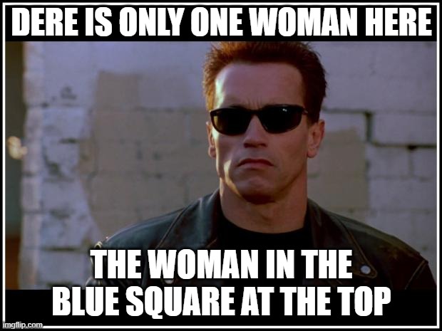 arnold schwarzenegger terminator | DERE IS ONLY ONE WOMAN HERE THE WOMAN IN THE BLUE SQUARE AT THE TOP | image tagged in arnold schwarzenegger terminator | made w/ Imgflip meme maker