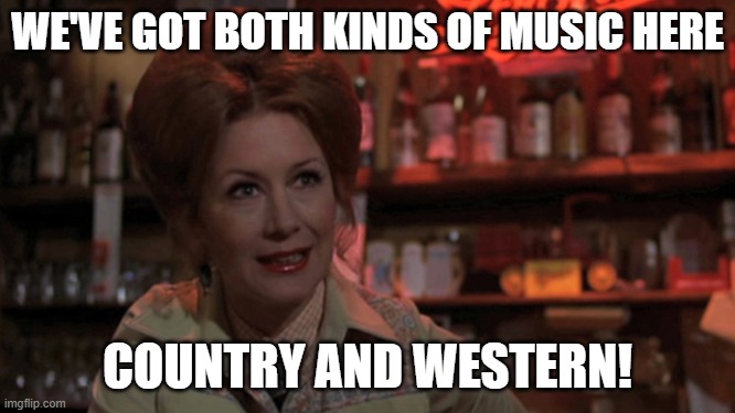 bob's country bunker | WE'VE GOT BOTH KINDS OF MUSIC HERE COUNTRY AND WESTERN! | image tagged in bob's country bunker | made w/ Imgflip meme maker