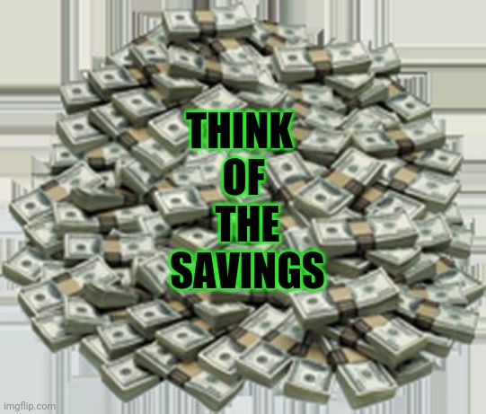 Pile of money | THINK 
OF
 THE
 SAVINGS | image tagged in pile of money | made w/ Imgflip meme maker